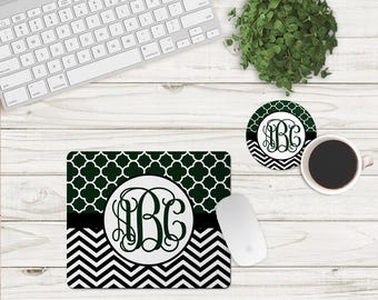 DIGITAL FILE Dark Green and Black Chevron and Quatrefoil Mouse Pad and Coaster Desk Set Sublimation Design