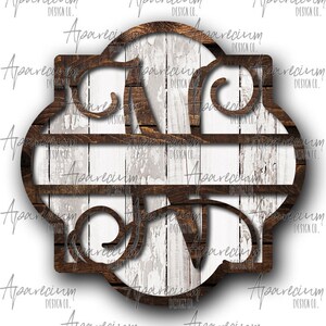 May include: A wooden monogram with the letters "NV" in a decorative, stylized font. The letters are cut out of the wood and the background is a whitewashed wood plank design.
