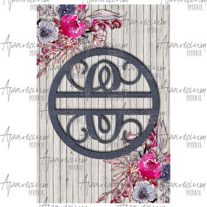 May include: A blue wooden monogram with the letters "G" and "S" in a circle. The monogram is on a white wood background with pink and blue floral accents.