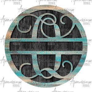 May include: A round wooden sign with a distressed blue and brown paint finish. The sign features a decorative monogram of the letters "JW" in a script font. The letters are cut out of the wood and painted a light blue color.