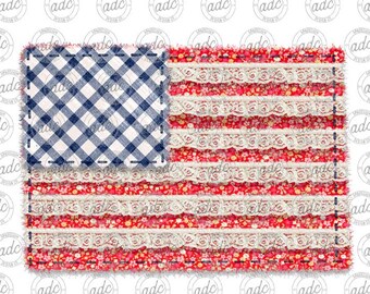 DIGITAL FILE Faux Applique Lace Floral American Flag Sublimation Design