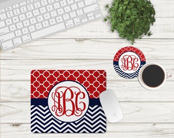 DIGITAL FILE Red and Navy Blue Chevron and Quatrefoil Mouse Pad and Coaster Desk Set Sublimation Design