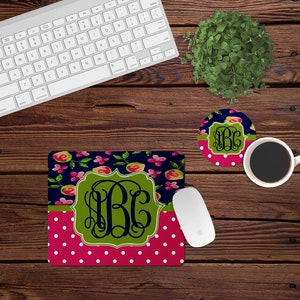 DIGITAL FILE Navy and Pink Floral Mouse Pad and Coaster Desk Set Sublimation Design
