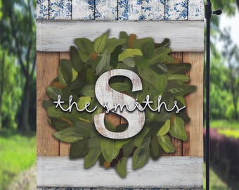 DIGITAL FILE Blue Floral Wooden Magnolia Wreath Garden Flag Sublimation Template
