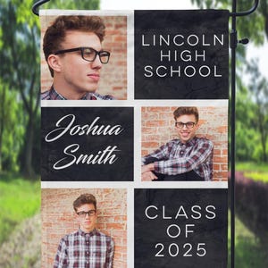 May include: A black and white graduation yard sign with a photo collage of a young man. The sign reads "Lincoln High School", "Joshua Smith", and "Class of 2023".