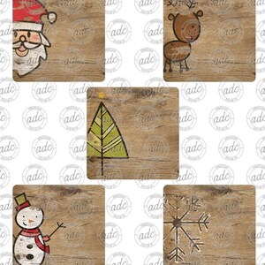 May include: Set of six wooden coasters with a Christmas theme. Each coaster features a different design: a snowman, a Christmas tree, a snowflake, a reindeer, and Santa Claus. The coasters are made of natural wood with a rustic finish.