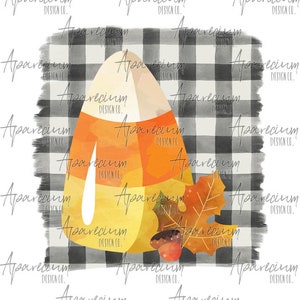 May include: A watercolour illustration of a candy corn on a black and white buffalo check background. The candy corn is yellow, orange, and white. There is a small acorn and a leaf next to the candy corn.
