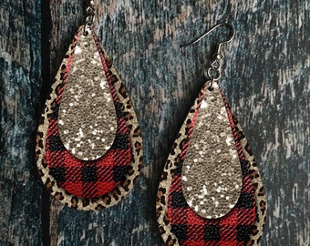 DIGITAL FILE Buffalo Plaid and Leopard Print Drop Earring Sublimation Design