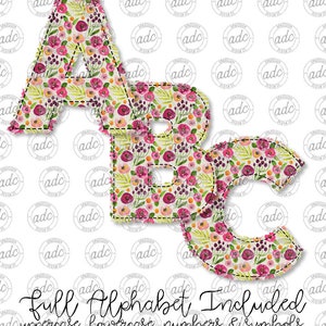 May include: A set of three letters, A, B, and C, in a floral pattern. The letters are outlined in a dark pink color and have a stitched look. The letters are on a white background with a repeating pattern of small circles.