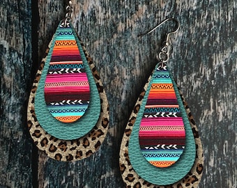 Leopard Print and Serape Leather Look Drop Earring Sublimation Design
