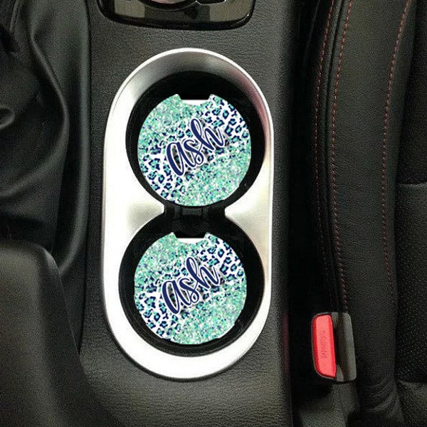 DIGITAL FILE Navy Blue Mint Green Leopard Print Glitter Look Car Coaster Sublimation Template