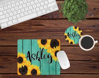 DIGITAL FILE Teal Wood and Sunflower Mouse Pad and Coaster Desk Set Sublimation Design