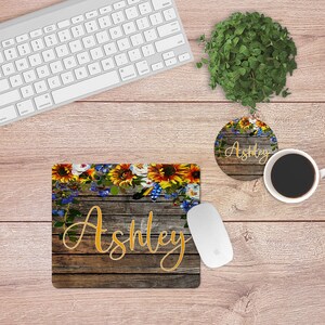 DIGITAL FILE Wooden Boho Sunflower Mouse Pad and Coaster Desk Set Sublimation Design