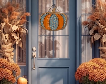DIGITAL FILE Wooden Blue Floral Pumpkin Door Hanger Sublimation Design