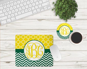 DIGITAL FILE Yellow and Green Chevron and Quatrefoil Mouse Pad and Coaster Desk Set Sublimation Design
