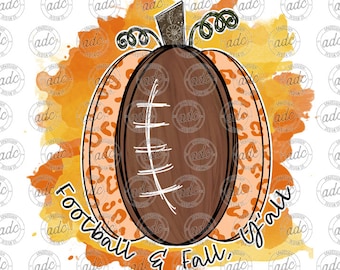 May include: A brown and orange pumpkin with a football pattern and the text "Football & Fall" on a watercolor background.