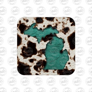 May include: A teal blue outline of the state of Michigan on a white and brown cowhide pattern background.