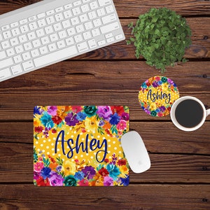 DIGITAL FILE Bright Mustard Floral Mouse Pad and Coaster Desk Set Sublimation Design