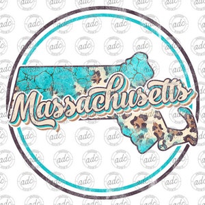 DIGITAL FILE Retro Turquoise Leopard Print State of Massachusetts Sublimation Design