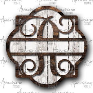 DIGITAL FILE Brown Wooden and White Shiplap Split Monogram R Quatrefoil Door Hanger Sublimation Design