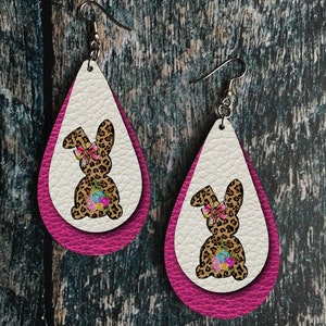 DIGITAL FILE Bright Floral Leopard Print Easter Bunny Leather Look Drop Earring Sublimation Design
