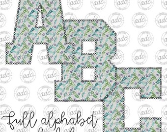 DIGITAL FILE Varsity Stitch Faux Applique Green Leaf Floral Alphabet Bundle Sublimation Design