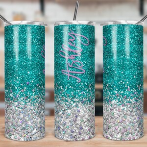 DIGITAL FILE Teal and Silver Glitter Skinny Tumbler Sublimation Design