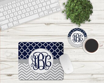 DIGITAL FILE Navy Blue and Grey Chevron and Quatrefoil Mouse Pad and Coaster Desk Set Sublimation Design
