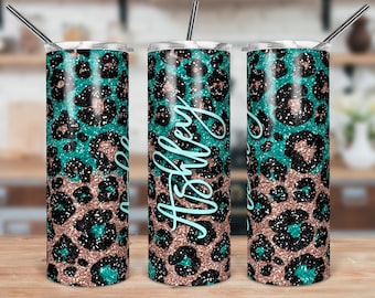 DIGITAL FILE Turquoise and Rose Gold Glitter Leopard Print Skinny Tumbler Sublimation Design