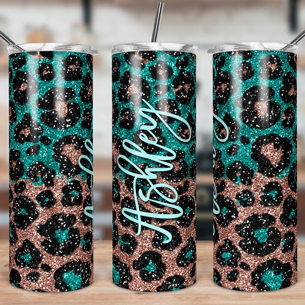 DIGITAL FILE Turquoise and Rose Gold Glitter Leopard Print Skinny Tumbler Sublimation Design