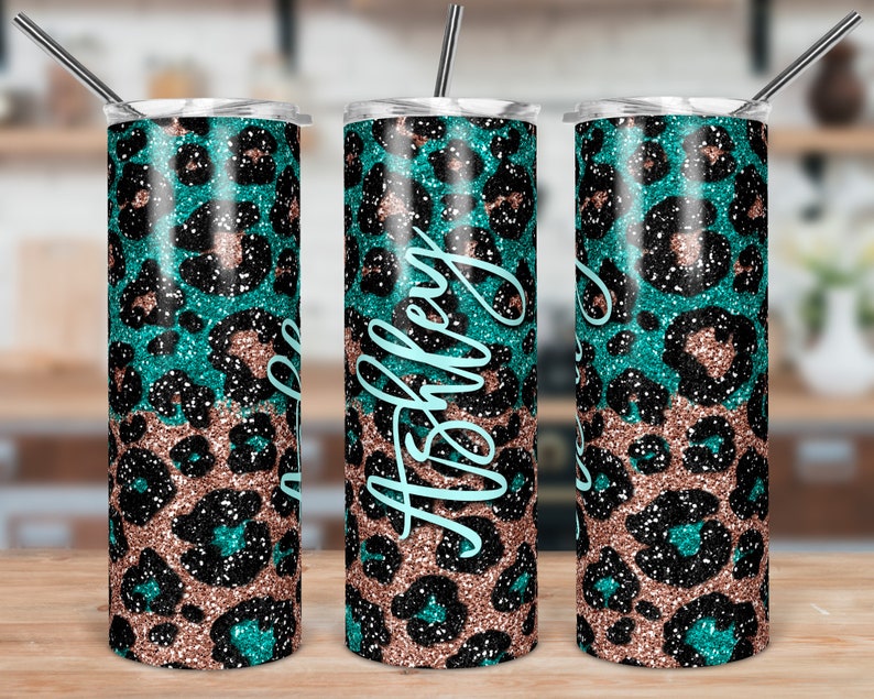 Turquoise and Rose Gold Glitter Leopard Print Skinny Tumbler Sublimation Design 