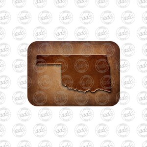 Könnte beinhalten: Ein braunes Lederausschnitt des Bundesstaates Oklahoma. Der Ausschnitt befindet sich auf einem braunen Lederhintergrund.