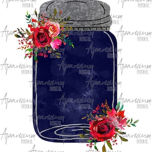 DIGITAL FILE Navy Watercolor Floral Mason Jar Sublimation Design