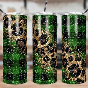 DIGITAL FILE Green Buffalo Plaid and Leopard Print Glitter Skinny Tumbler Sublimation Design