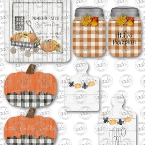 以下が含まれることがあります： 秋のテーマのデジタルクリップアート画像6点セット。画像には、パンプキンパッチの看板、格子模様と「Hello Pumpkin」の文字が入ったメイソンジャー2つ、格子模様のアクセントが付いたパンプキン2つ、「Hello Fall」の文字が入った看板が含まれています。