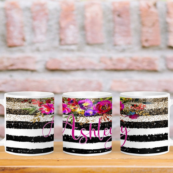 DIGITAL FILE Black and White Striped Floral Customizable Full Wrap Mug Sublimation Design