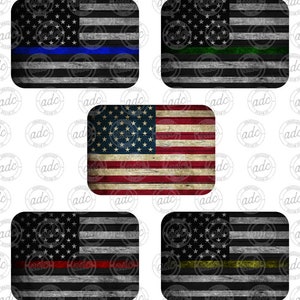 May include: Five different variations of an American flag with a wood grain texture. The flags are black and white with a thin colored stripe across the bottom. The colors of the stripes are blue, green, red, yellow, and the traditional red, white, and blue.