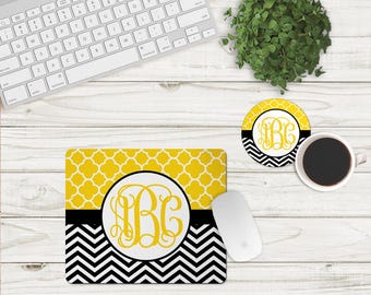 DIGITAL FILE Black and Yellow Chevron and Quatrefoil Mouse Pad and Coaster Desk Set Sublimation Design