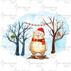 May include: A watercolor illustration of a polar bear wearing a Santa hat and scarf, standing on a tree stump in a snowy forest. Two owls are perched on branches in the trees. The scene is decorated with a string of Christmas lights.