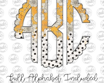 DIGITAL FILE Floral Mustard Dots Monogram Alphabet Bundle Sublimation Design