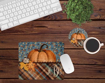 DIGITAL FILE Fall Floral Pumpkin and Plaid Mouse Pad and Coaster Desk Set Sublimation Design