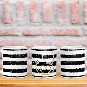 DIGITAL FILE Black and White Striped Gold Stethoscope Customizable Full Wrap Mug Sublimation Design