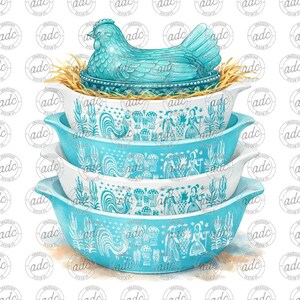 May include: A stack of four turquoise and white casserole dishes with handles, featuring a rooster and other decorative patterns. A turquoise chicken-shaped lid sits atop the stack, resting on a bed of straw. The dishes are a vintage kitchenware set.
