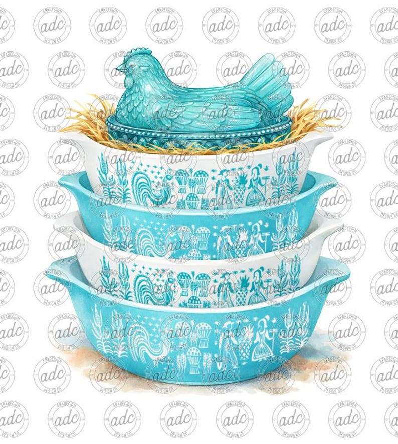 May include: A stack of four turquoise and white casserole dishes with handles, featuring a rooster and other decorative patterns. A turquoise chicken-shaped lid sits atop the stack, resting on a bed of straw. The dishes are a vintage kitchenware set.