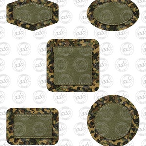 May include: Four different shaped labels with a camouflage pattern and a green leather-like center. The labels are a hexagon, a square, a circle, and a rectangle.