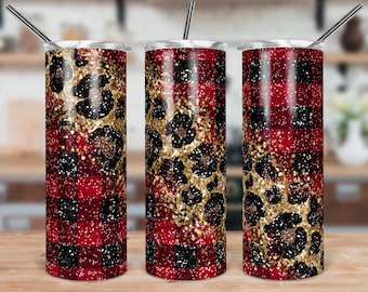 DIGITAL FILE Red Buffalo Plaid and Leopard Print Glitter Skinny Tumbler Sublimation Design