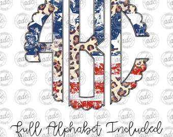 May include: A monogram design featuring the letters A, B, and C. The letters are outlined in black and filled with a distressed American flag pattern and leopard print. The design is surrounded by a scalloped border.