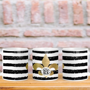 DIGITAL FILE Black and White Striped Gold Fleur De Lis Customizable Full Wrap Mug Sublimation Design