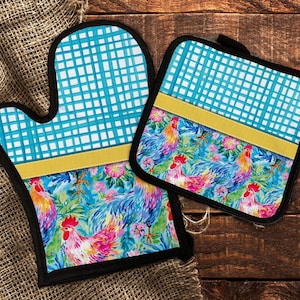 DIGITAL FILE Bright Floral Chicken Oven Mitt and Pot Holder Sublimation Design Set