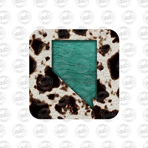 Peut inclure: Un autocollant carré avec un motif de peau de vache en brun et blanc. L'autocollant a un contour turquoise en forme de l'état du Nevada.